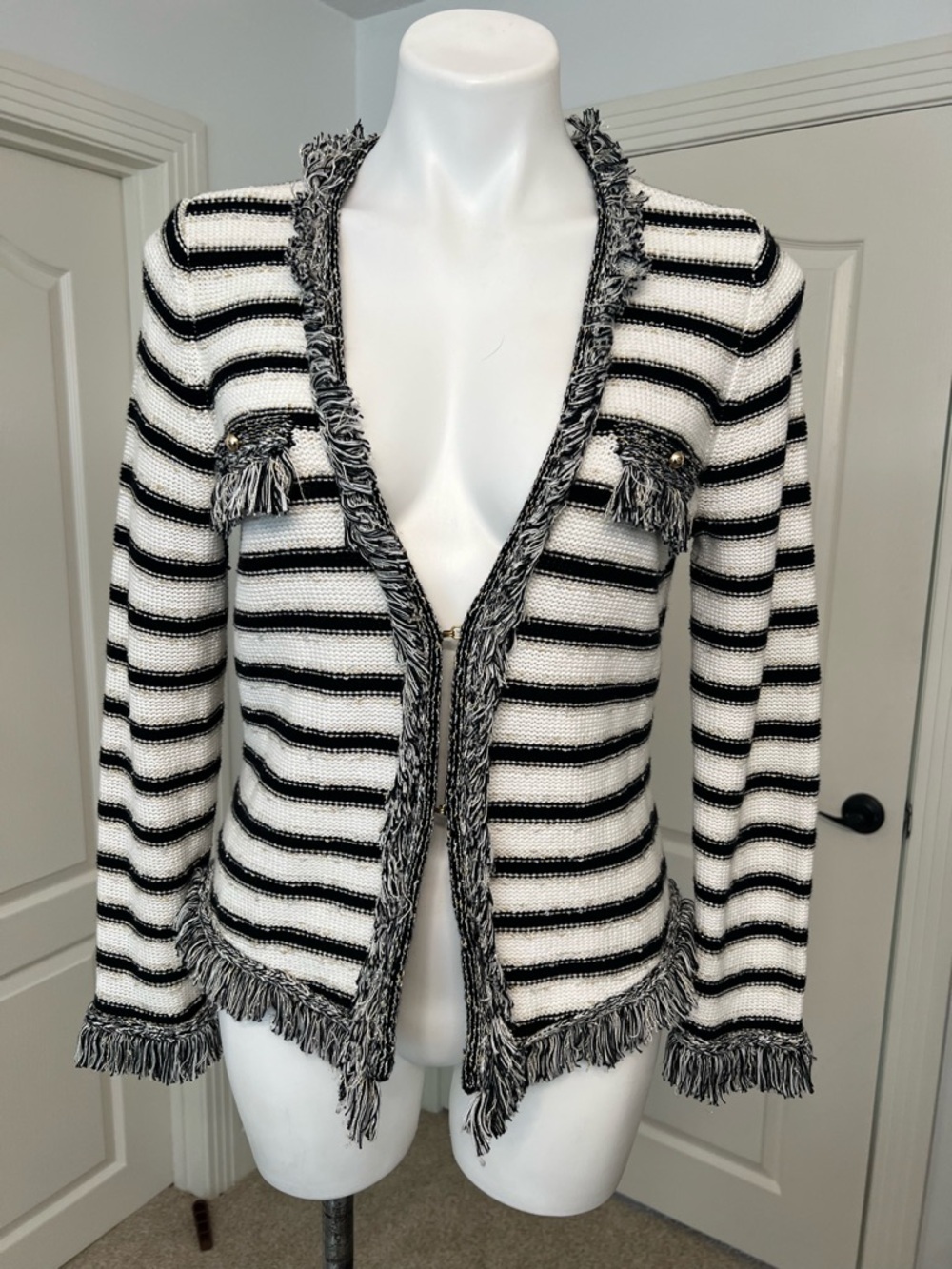 Cache Black & White with gold metallic Striped Fringe Open Cardigan